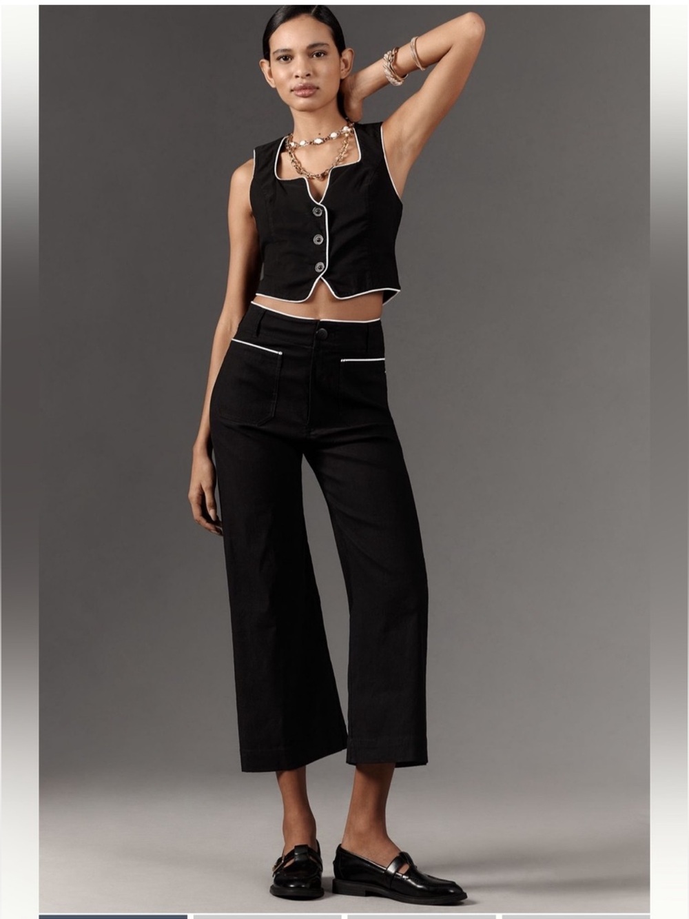NWT Maeve Colette 29 High Rise Wide Leg Pants Magic Fabric Black White Piping